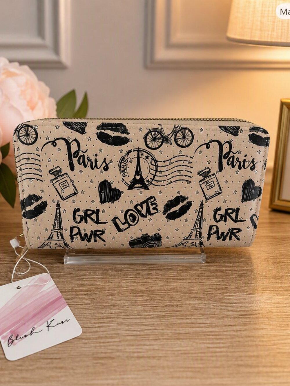 Blush Kiss Beige Graphic Paris Zip Wallet NWT